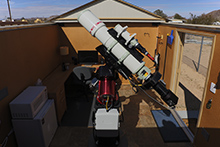 CaliforniaStars Observatory with the roof rolled off, exposing the Takahashi TOA-150 Apochromatic Refractor on the Bisque Paramount ME II mount