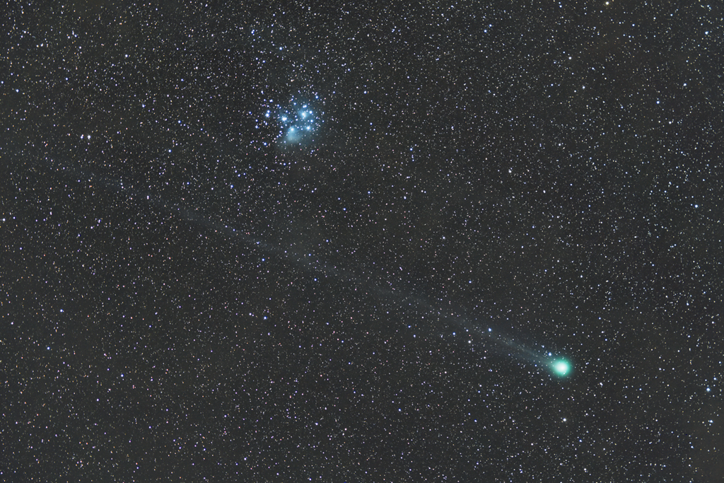 Comet Lovejoy and the Pleiades. Click the image for a larger version.