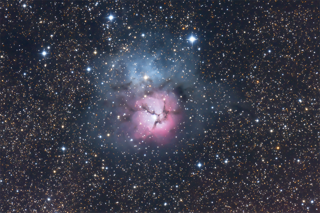 M20, the Trifid Nebula, taken with a 10-inch Ritchey-Chretien telescope and a Canon EOS 5D Mark II. Click for a larger version.