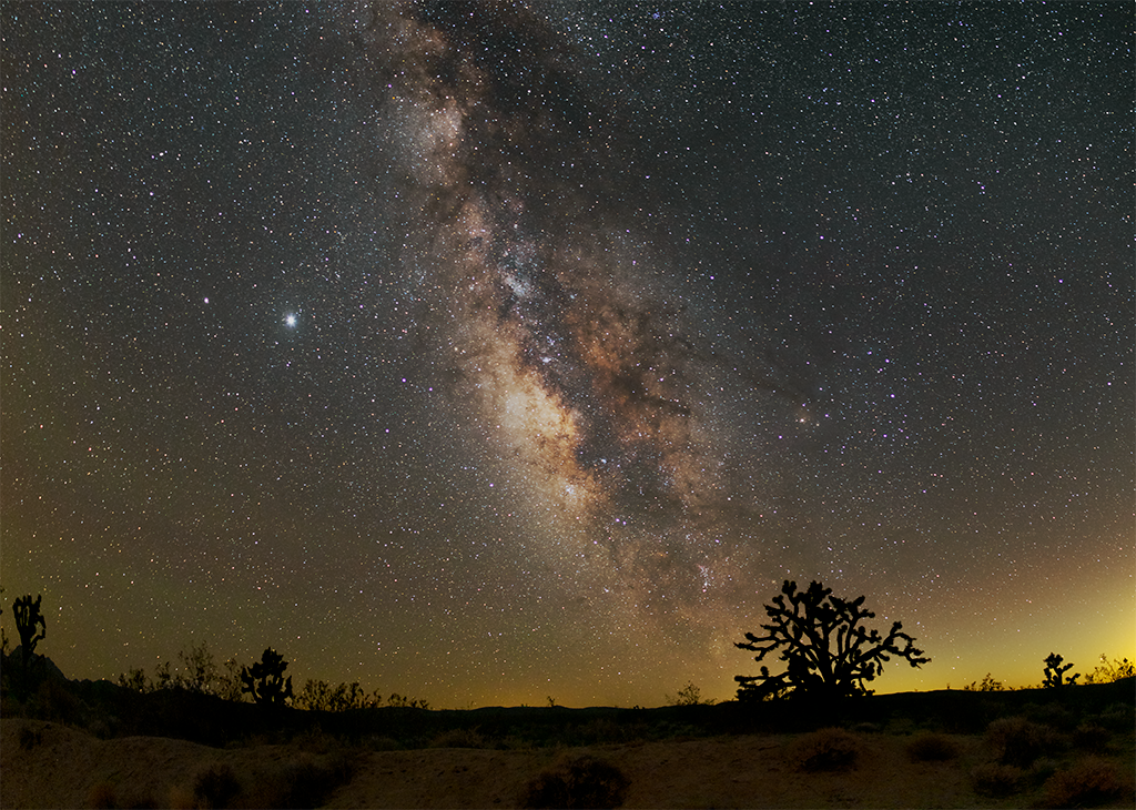 The Milky Way's central bulge over the Mojave National Preserve. Click the image for a larger version.