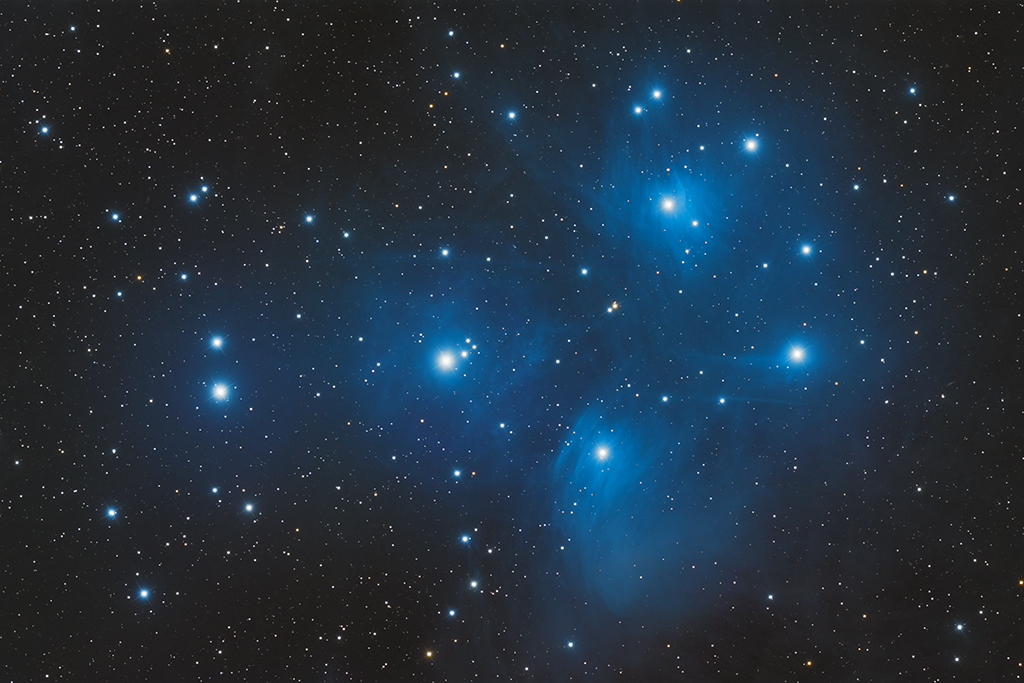 The Pleiades, one of the best-known open star clusters in the sky. Photo taken using a Takahashi TOA-150 telescope and an FLI ML11002-C camera.
