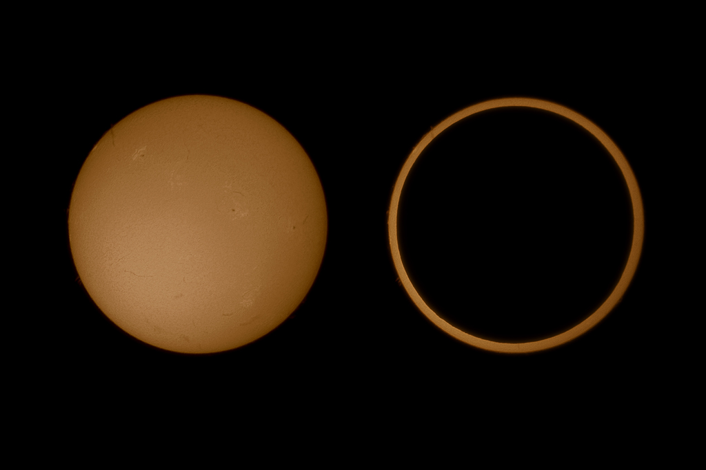 Solar Annular Eclipse of May 20, 2012 from Panaca, Nevada, with a Canon S95 and Coronado PST Ha telescope. Click the image for a larger version.