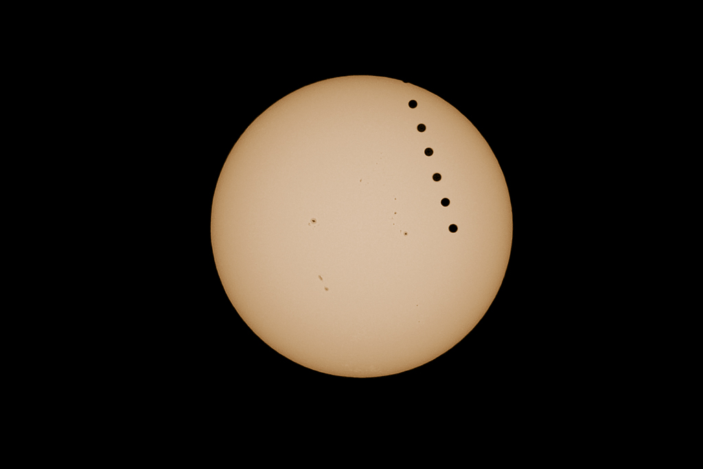 Venus crosses the face of the sun on June 5, 2012. Photo taken at GMARS with a Canon 60Da and Takahashi FSQ-106EDX-III. Click the image for a larger version.